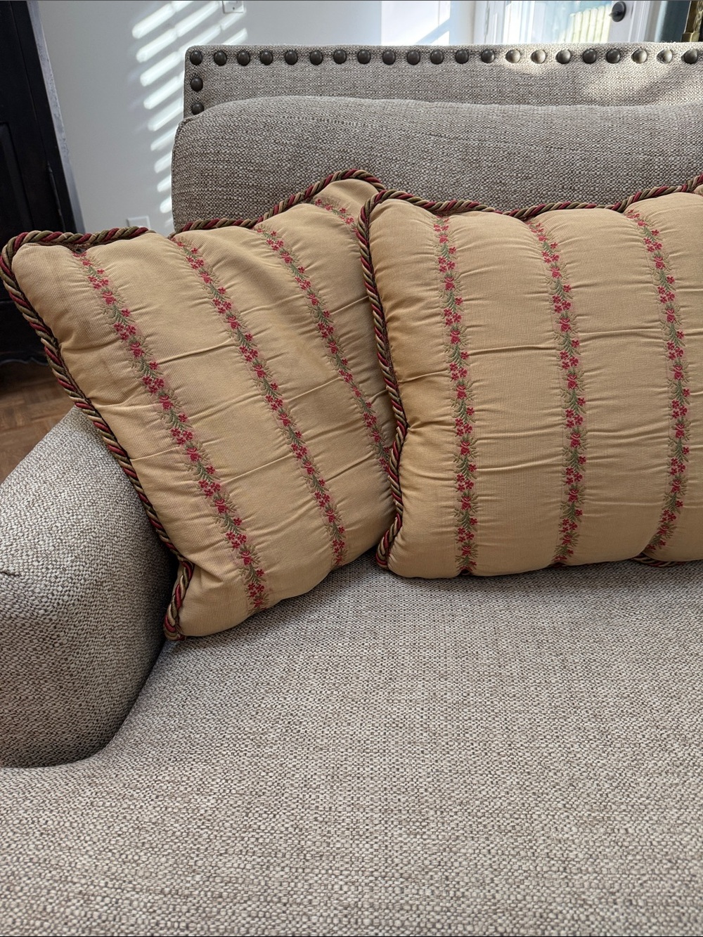 Decorative Custom Made Stripe Toss Pillows with Floral Embroidery - Set of 2